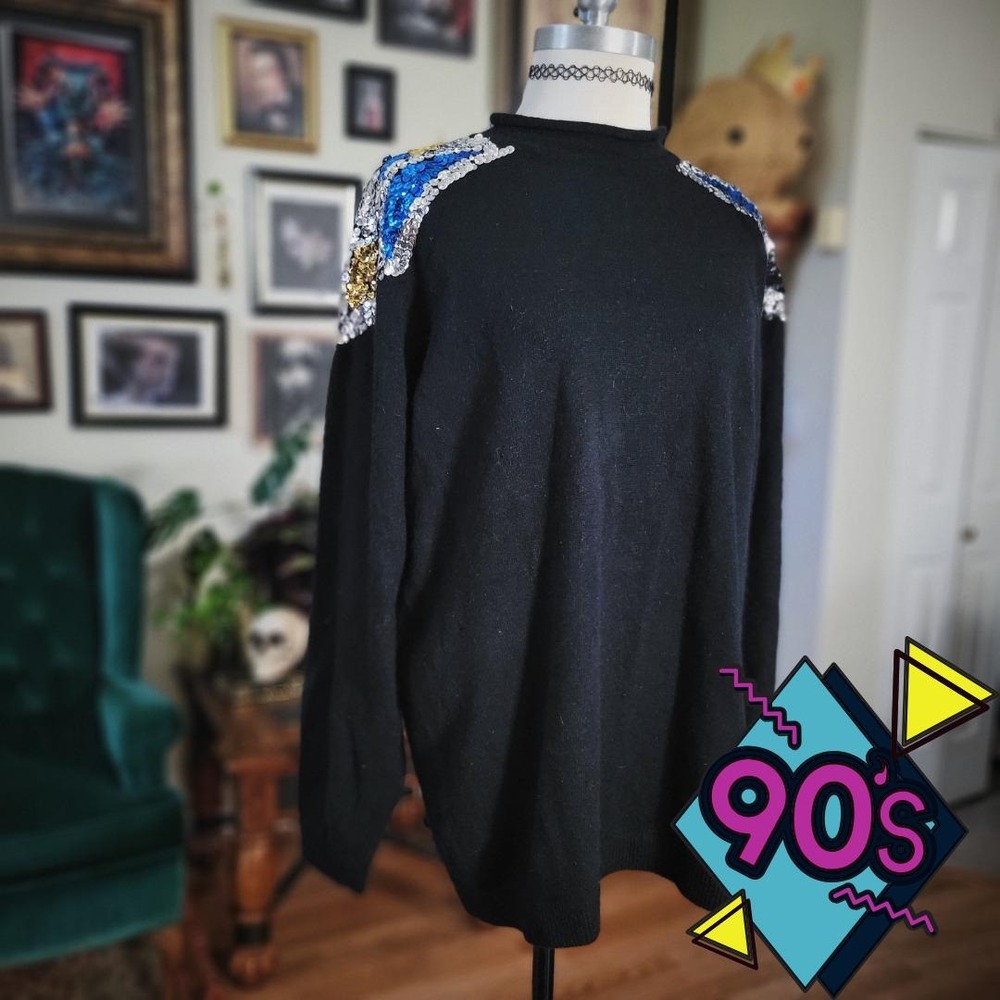Outlander Sequin Sweater Vintage‎ 90s Black Shoulder Embellished Wool Blend Knit